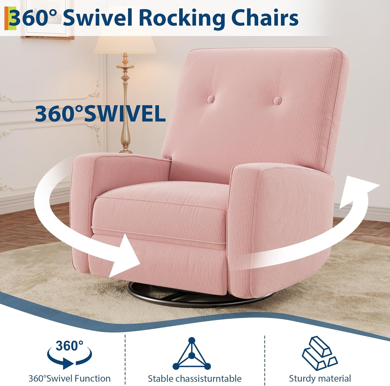 Recliner Chairs, Swivel Rocker Recliner, Glider Recliner Nursery Chair for Adults, 360° Swivel Glider Rocking Chair for Living Room, Bedroom, Office, RV, Small Spaces, Corduroy, Pink