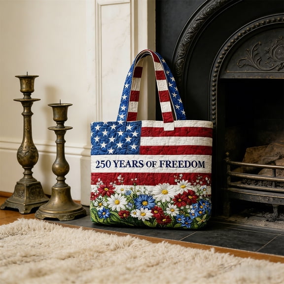 Quilted Cotton Tote Bag, Patriotic USA 250th Anniversary Floral Flag Print Shoulder Bag for Shopping & Beach Use, 13.8 * 15 Inch