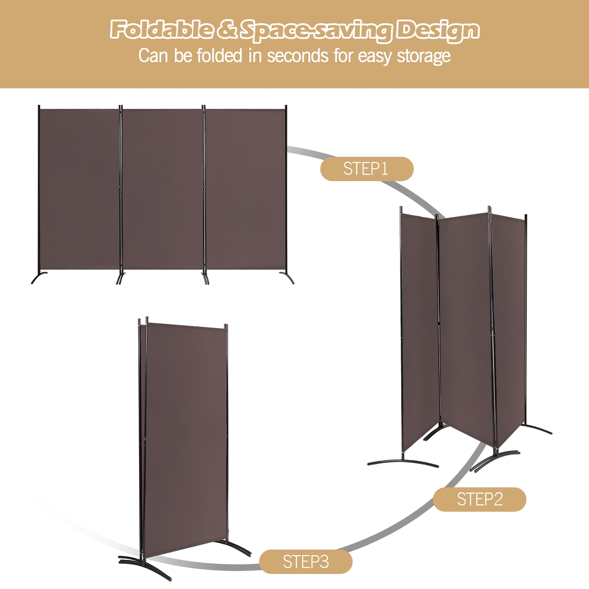 Costway 3-Panel Room Divider Folding Privacy Partition Screen for Office Room Brown