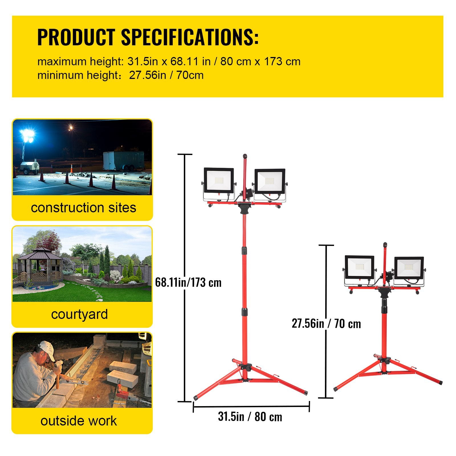 Dual-Head LED Work Light 10000 Lumen, IP65 Waterproof, Adjustable Tripod 27.6-68.1", for Construction Site Garage