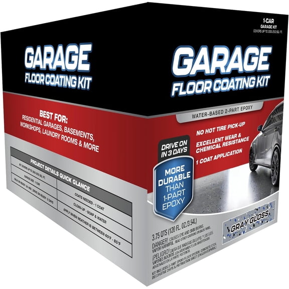 Garage Floor Kit – 2-Part Epoxy Coating for Concrete Floors, High-Gloss Finish, Chemical & Stain Resistant, Indoor Use, 1-Car Garage Coverage (Gray)$$Tools & Hardware Other