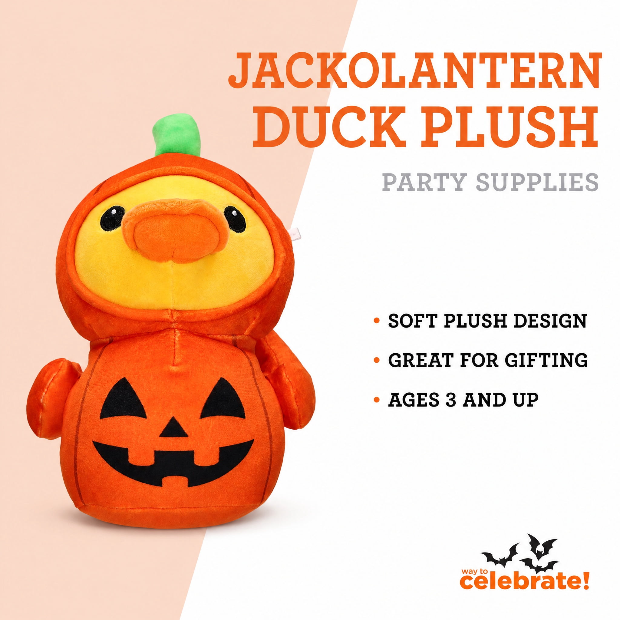 Jack-o'-Lantern Duck Plush, Orange and Yellow, 8.7", Halloween by Way To Celebrate