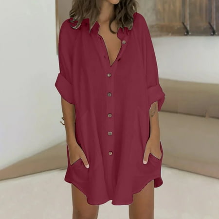 

Leesechin Womens Dresses Clearance Shirt Dress Short Mini Dress 3/4 Sleeve Solid Color Patchwork Shirt