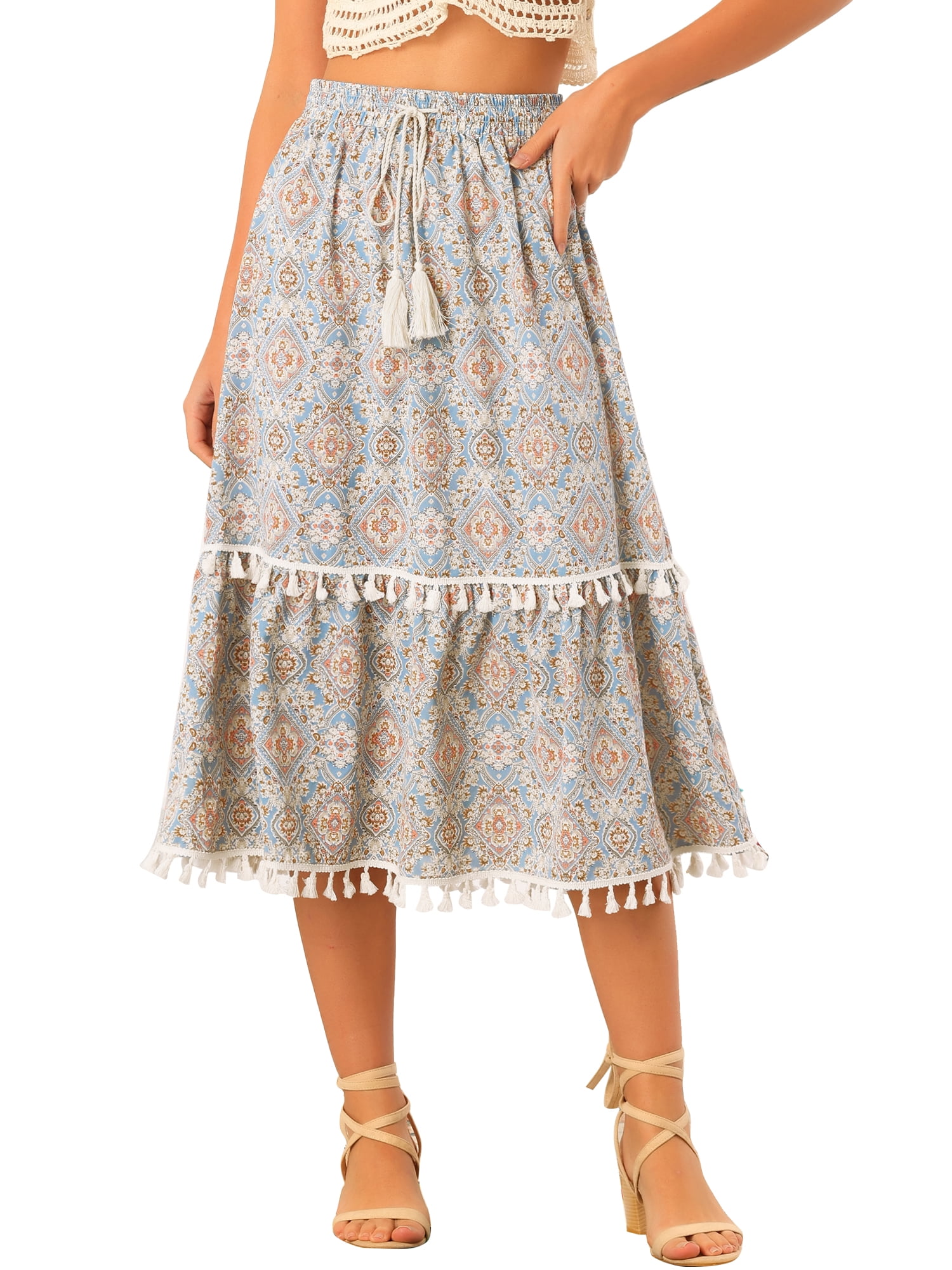 Allegra K Women's Vintage Printed Elastic Waist Tiered Tassel Fringe