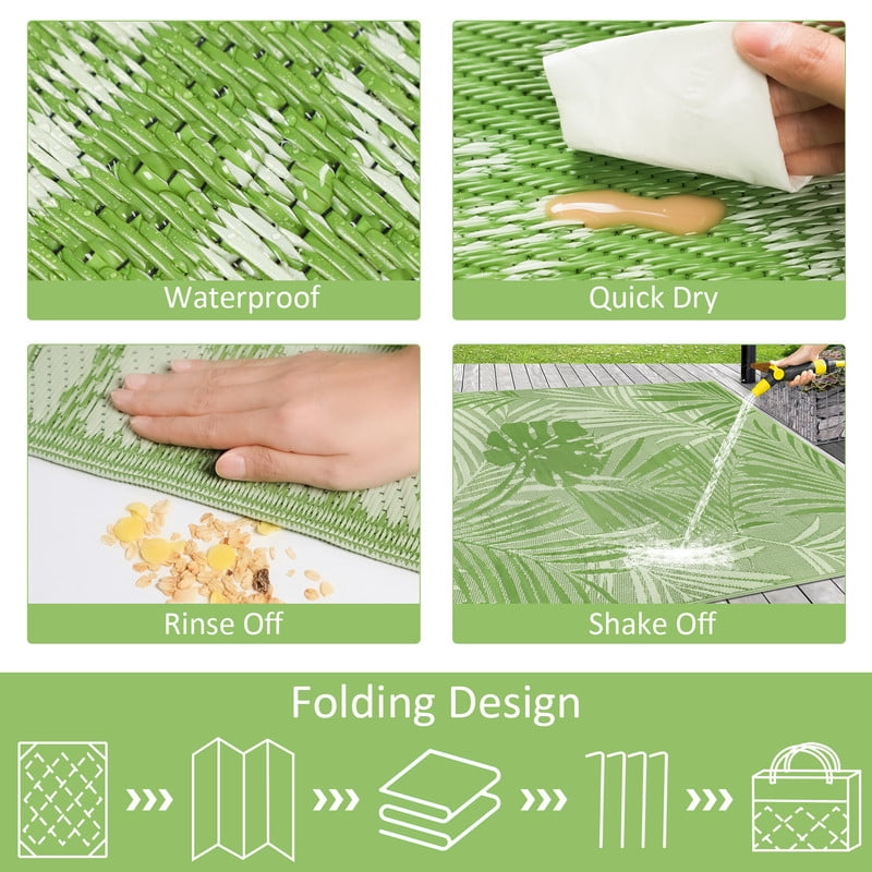 Aonewoe Outdoor Rug 9x12 Waterproof Reversible Plastic Straw Camping Rugs for Outside RV, Indoor Outdoor Area Rugs for Patio,Deck,Porch,Balcony, Light Green & White