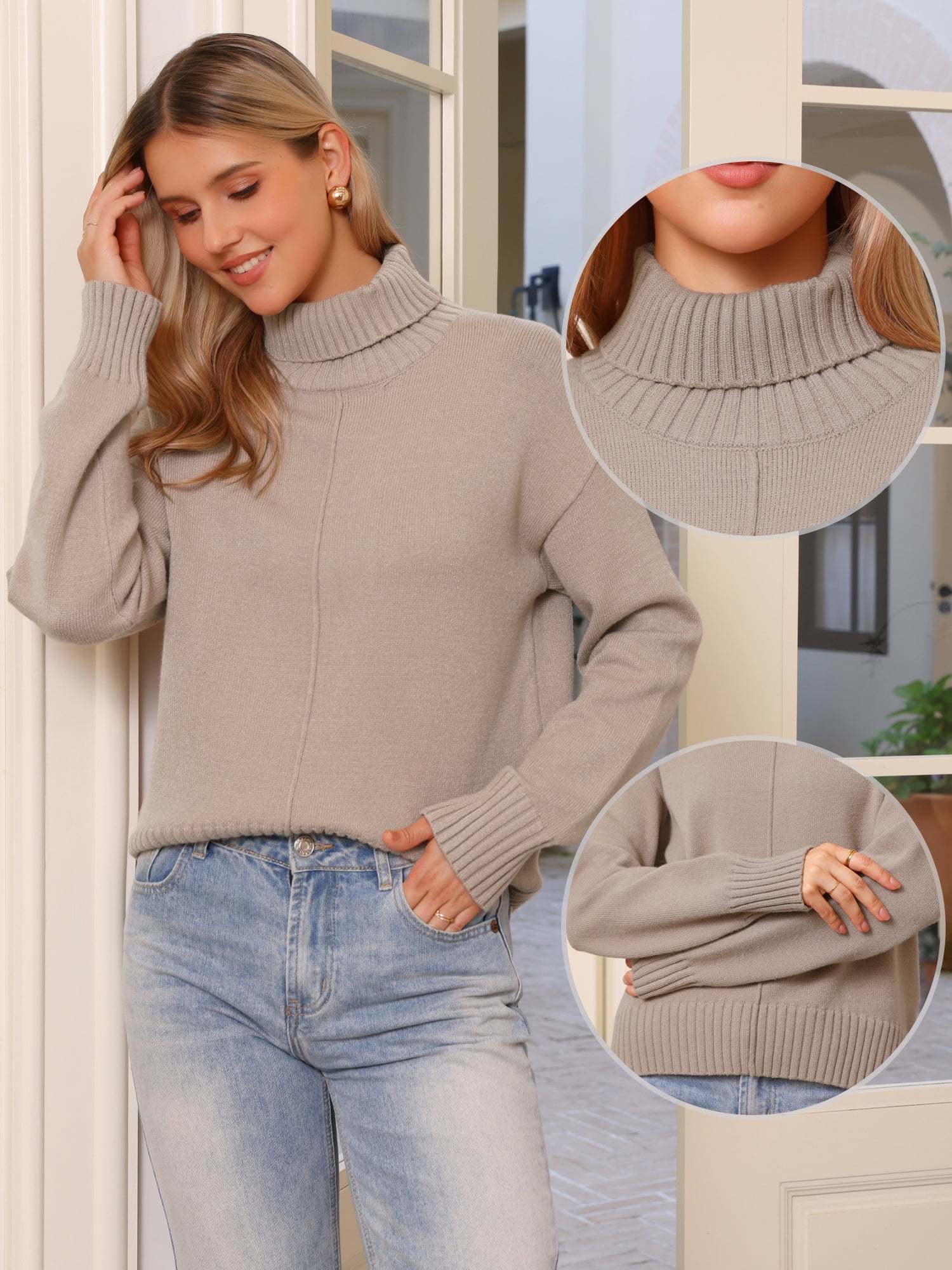 DARING DIVA Turtleneck Sweater Long Sleeve Knit Pullover Sweaters XL Khaki