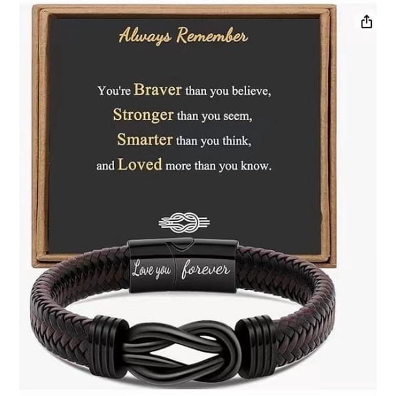 Love You Forever Engraved Braided Leather Bracelet, Infinity Knot Mens Bracelet, Inspirational Quote Wristband Gift for Him