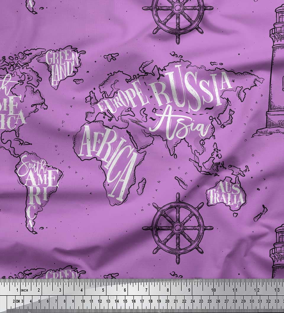 Soimoi Purple Cotton Duck Fabric Direction Compass & Lighthouse Map ...
