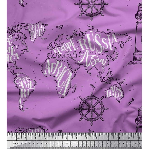 Soimoi Purple Velvet Fabric Direction Compass & Lighthouse Map Decor Fabric Printed Yard 58 Inch Wide