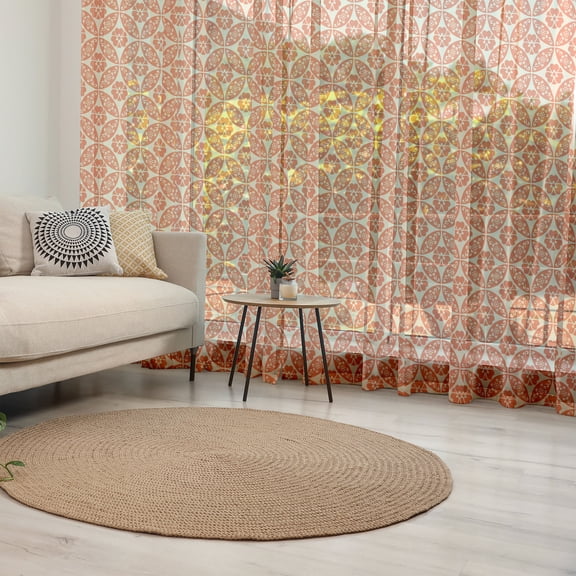 Geometric Tulle Curtains with Rod Pocket, Japanese Classic Floral Motif Interlocking Lattice Circles Pattern Design, Sheer Drape for Wedding Party 2 Panels, 7 Sizes, Vermilion Cream, by Ambesonne