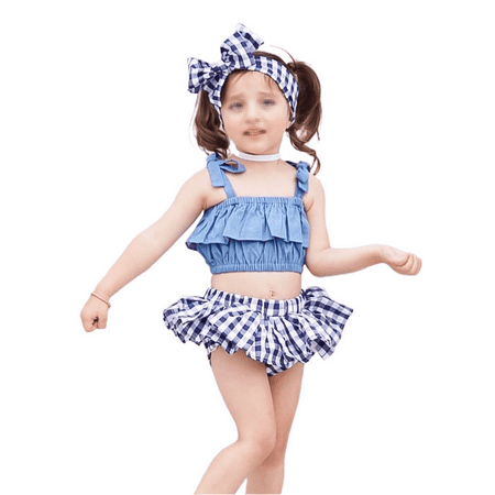 

Toddler Girls Summer Outfit Solid Color Sling Ruffle Crop Tops Plaid Mini Skirt Shorts with Headband 3PCS Set