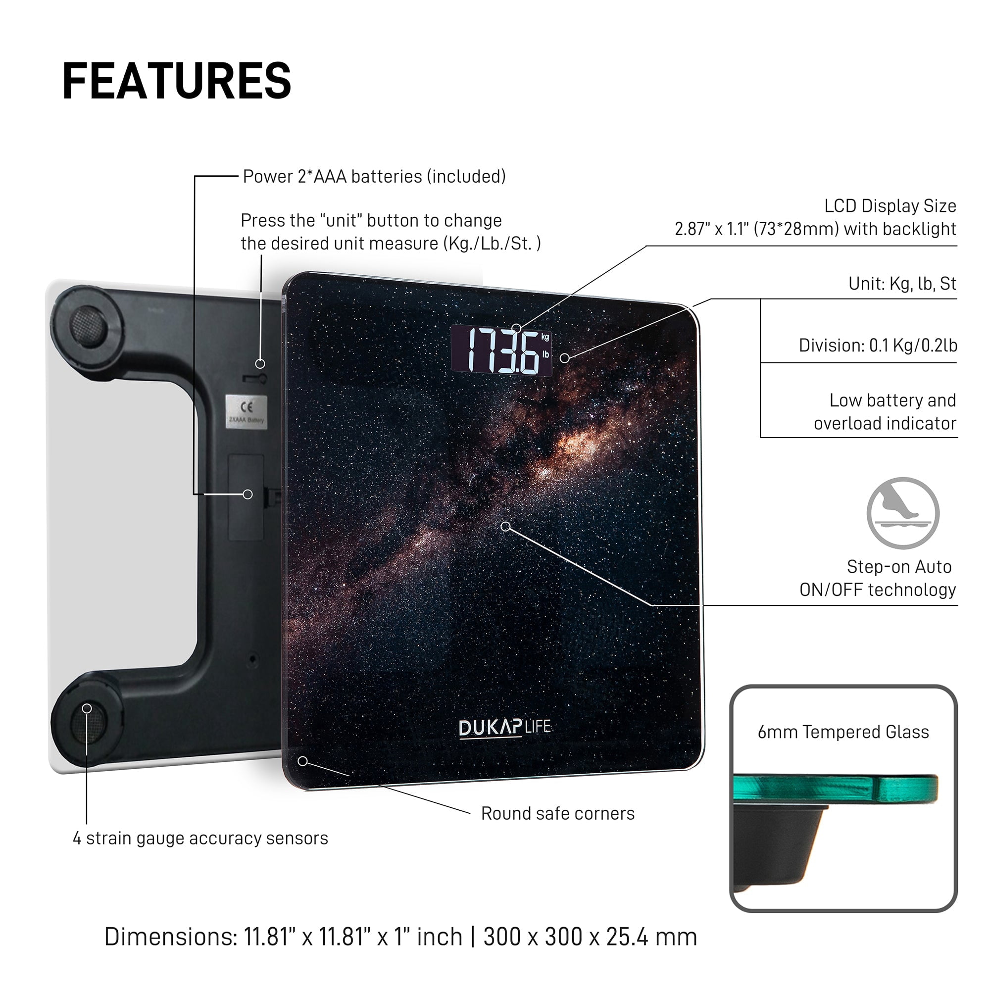 DUKAP LIFE Unique Digital Bathroom Body Weight Scale with LCD Screen Display - SPACE design