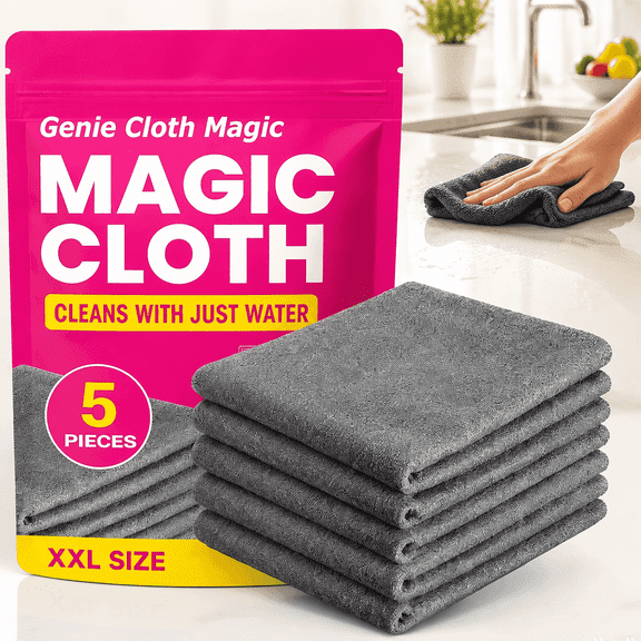 Genie Cloth Microfiber Cleaning Cloth for Glass, Windows, Kitchen, Stainless Steel, Screens, Reusable, 5 Count, Gray, 5 Count