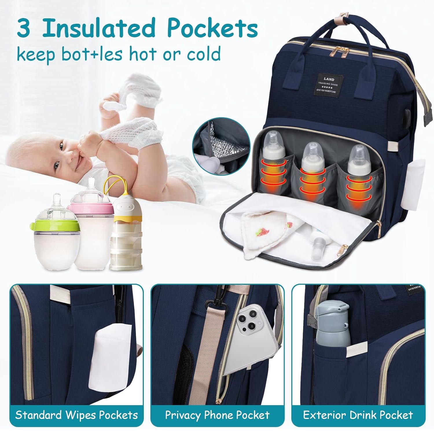 RSENFREMIOR Diaper Bag with Changing Station for Mom Dad, Large Capacity Travel Backpack with Stroller Straps ,3 in 1 Waterproof Foldable Changing Bag with Foldable Crib for Girls Boys