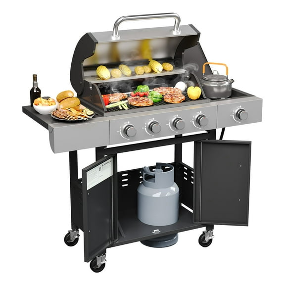Sunmthink 4 Burner Propane Gas Grill, Stainless Steel, Built-in Thermometer, 4 Swivel Casters, and Side Table, Suitable for Camping, Outdoor Cooking, Patio, and Garden