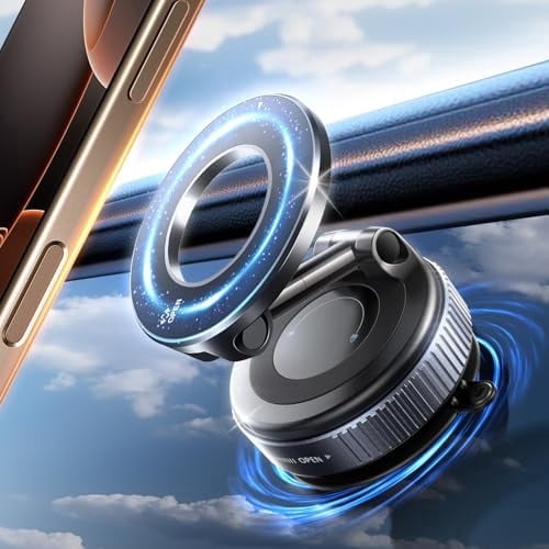 Vacuum Magnetic Phone Holder for Car,Suction Cup Car Phone Mount for Mag safe,Foldable Magnetic Phone Stand[89 LBS Strongest Suction&2800gf Magnetic]360°Adjustable Swivel Lock,for Your Car/Gym/Mirror