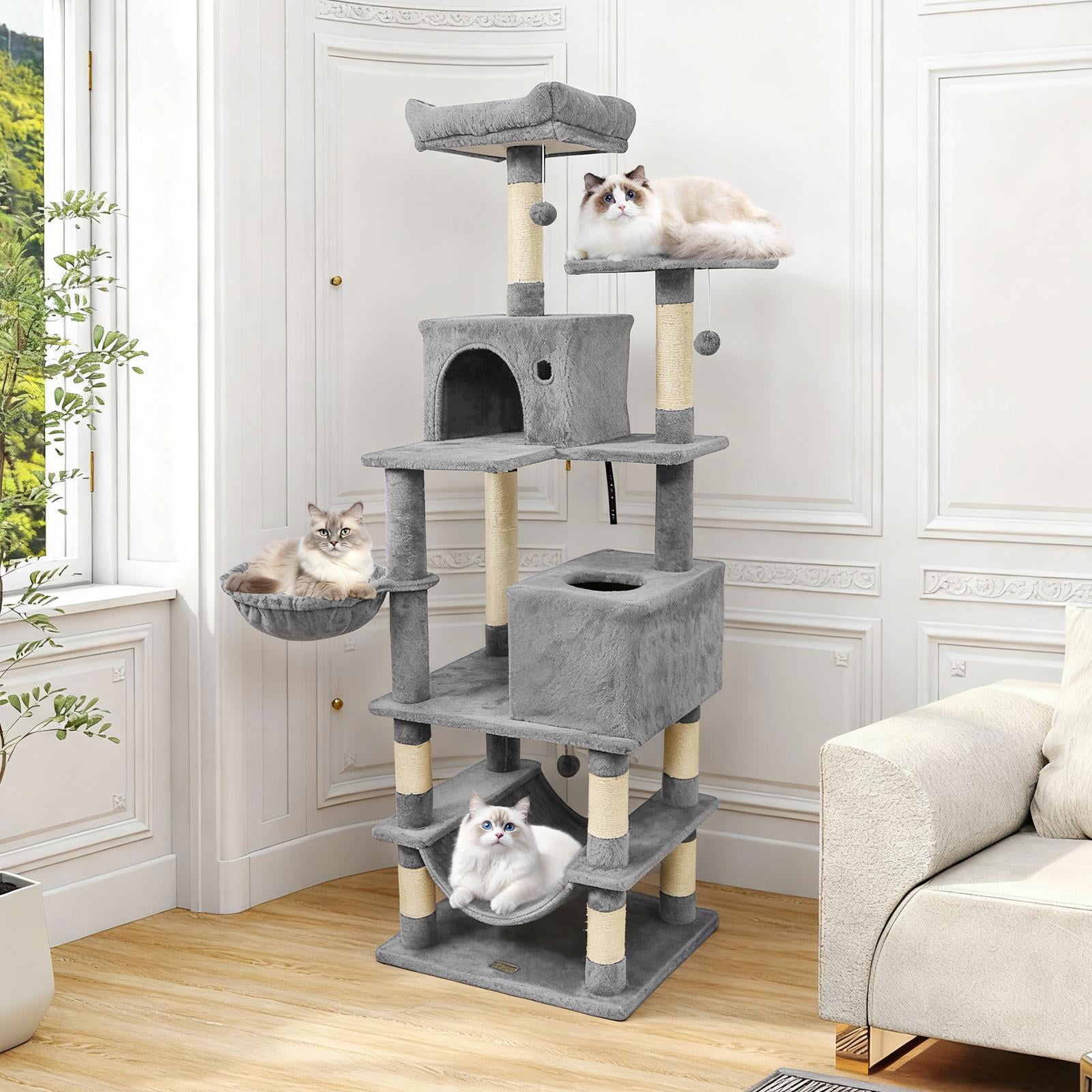 Barara King 66 Inch Tall Multi-Level Cat Tower, Cat Tree with 2 Condos Sisal Scratching Posts, Modern Cat Tower Tree for Indoor Cats, Light Gray