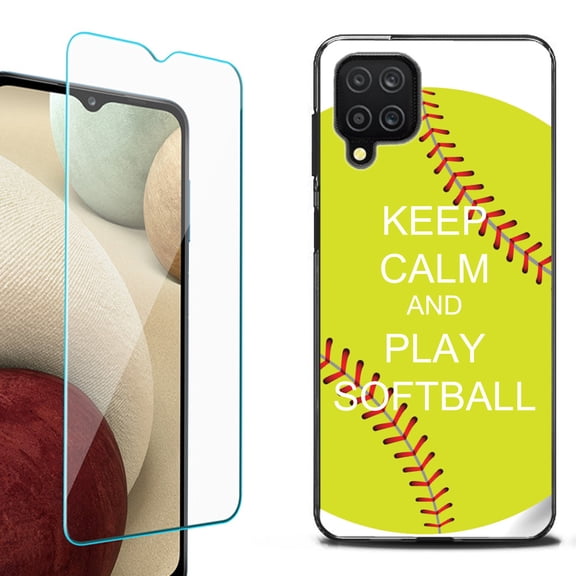 Slim-Fit Flexible TPU Gel Phone Case (black) for Samsung Galaxy A12, with Tempered Glass Screen Protector, by OneToughShield ® - Keep Calm Softball