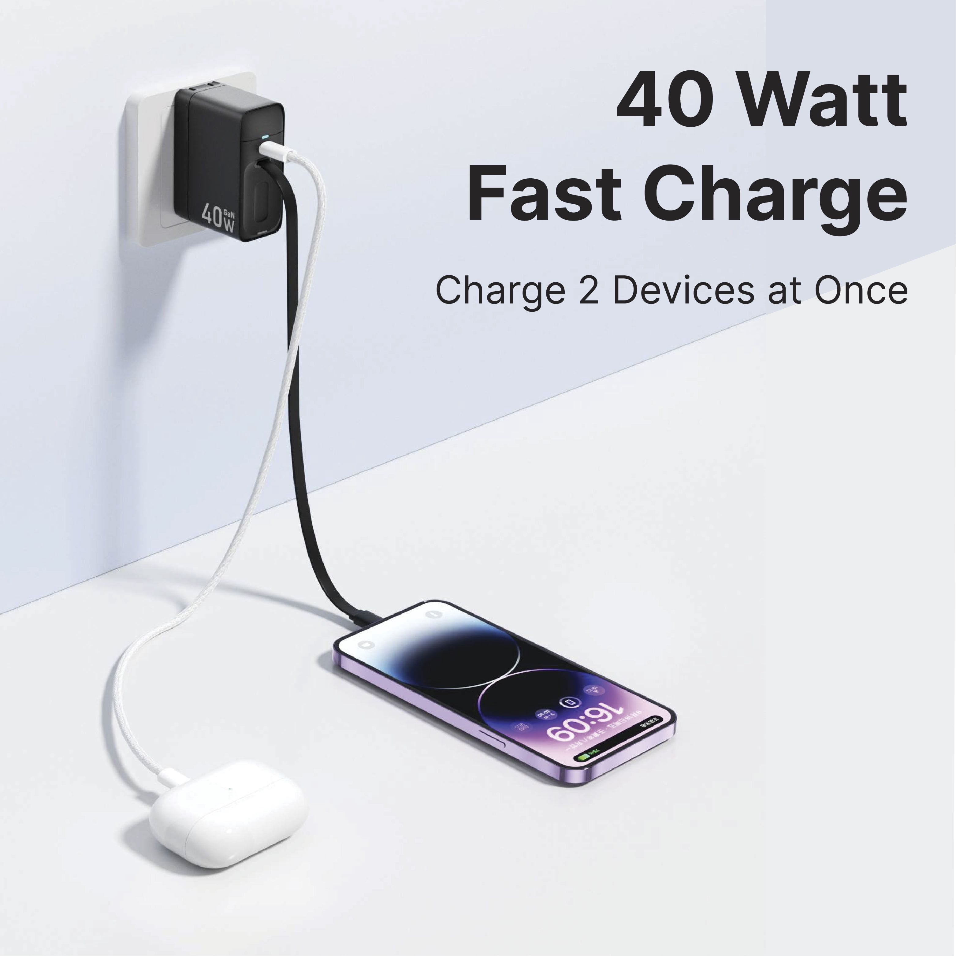 It's Just Smart Retractable Wall Charger, 40W Compact Plug, Built-in Type-C, Portable, iPhone, Samsung, Pixel