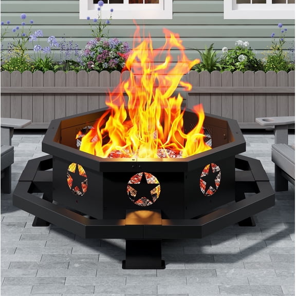 43" Octagonal Fire Pit, Wood Burning Fire Pit with Poker for Outside