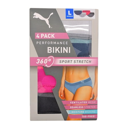 Puma Ladies Sports Stretch Performance Bikini, 4-pack, in Blue Gray Pink Black, Size L