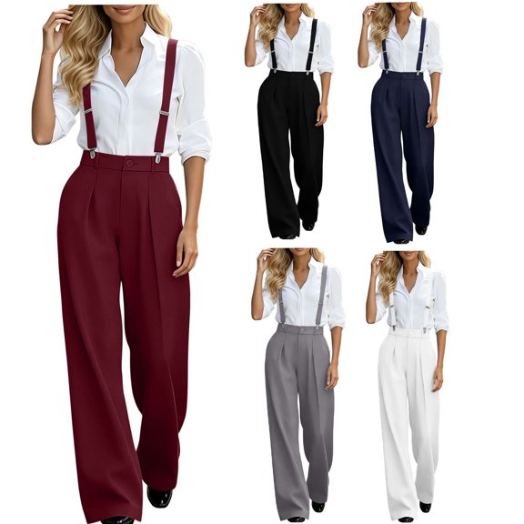 Zynoxe Womens Plus Size Wide Leg Pants Trendy Straight Pleated Detachable Suspender High Waistband Suit Trousers with Pockets Gray S