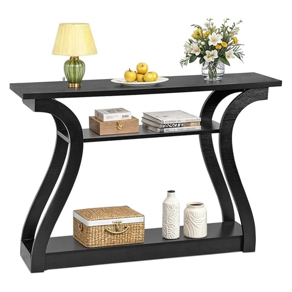 Wood Console Table with Curved Legs and Shelf, 3 Tier Modern Accent Sofa Table for Entrywaty, Living Room, Hallway, 47 in Wide, Easy Assembly (Black)
