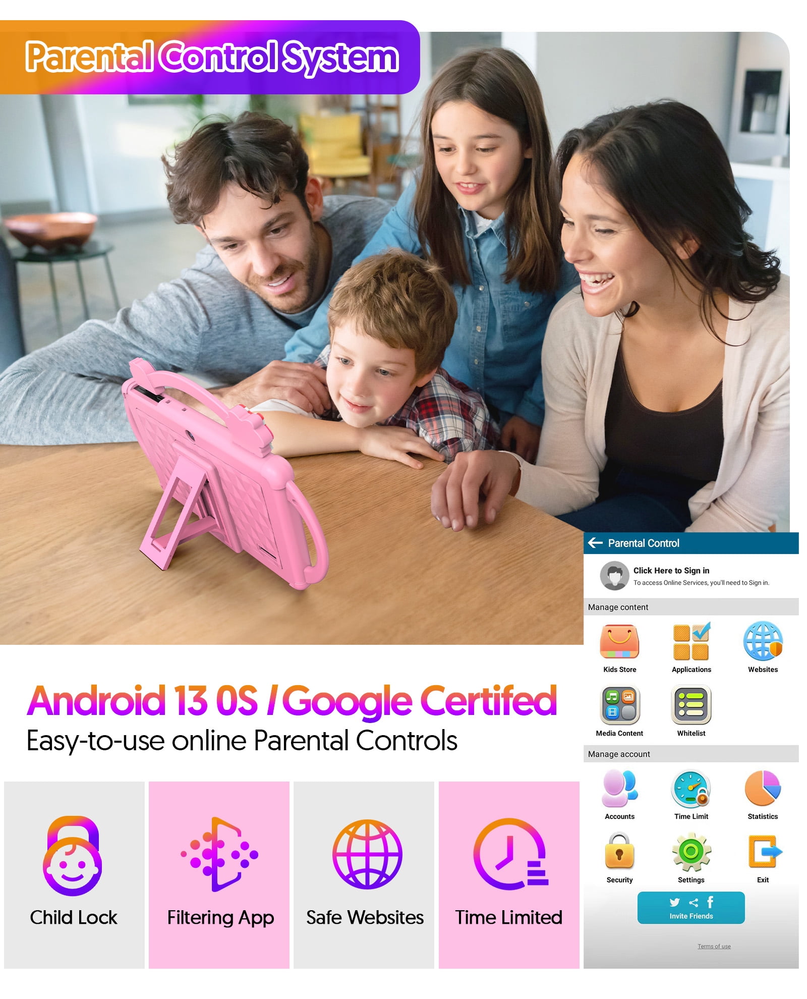 Kids Tablet, 7 inch Android 13 Tablet, Quad Core CPU, 4GB(2G+2G)RAM+32GB ROM, 1024 x 600 IPS, WiFi, Bluetooth（Pink）