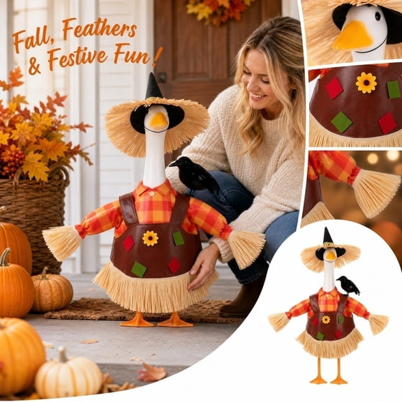 23 Inch Porch Goose Outfits, Thanksgiving Scarecrow Yellow Plaid Goose Clothes for Fall Outdoor Porch Decorations, 1 Pack