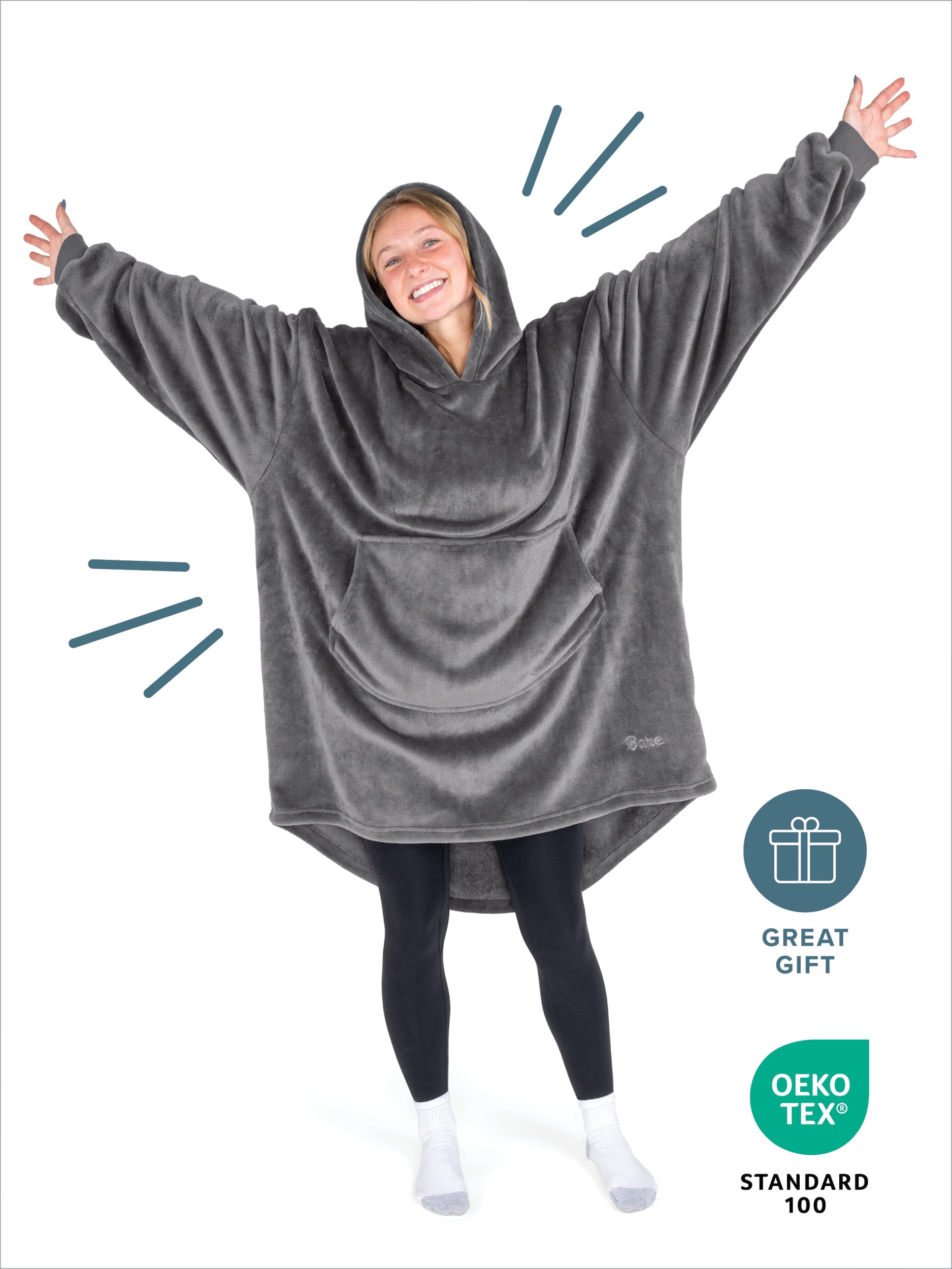 Bare Homey Adult Size Microplush Wearable Blanket, Round Trapezoid Pocket, Gray