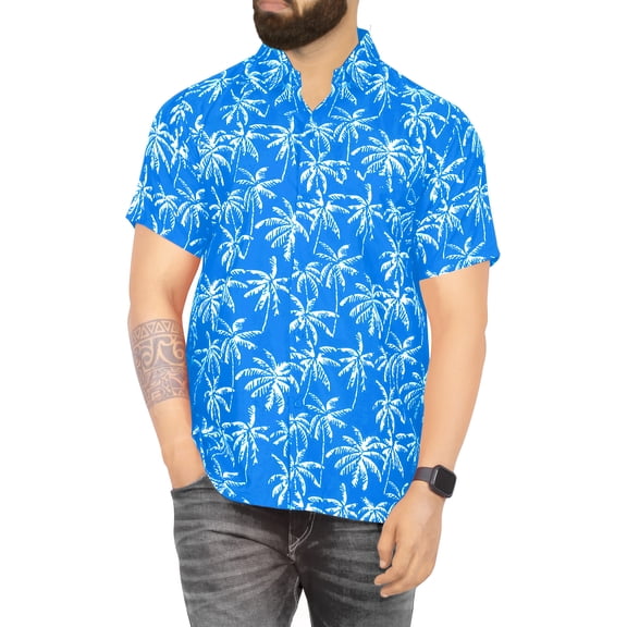 HAPPY BAY Men's Hawaiian Shirts Short Sleeve Button Down Shirt Men's Party Shirts Casual Holiday Summer Tropical Island Shirts for Men Funny XXL Allover Trees, Blue