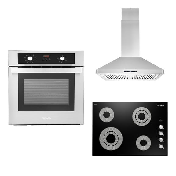 Cosmo 3 Piece Kitchen Appliance Package With 30" Electric Cooktop 30" Island Range Hood 24" Single Electric Wall Oven Kitchen Appliance Bundles