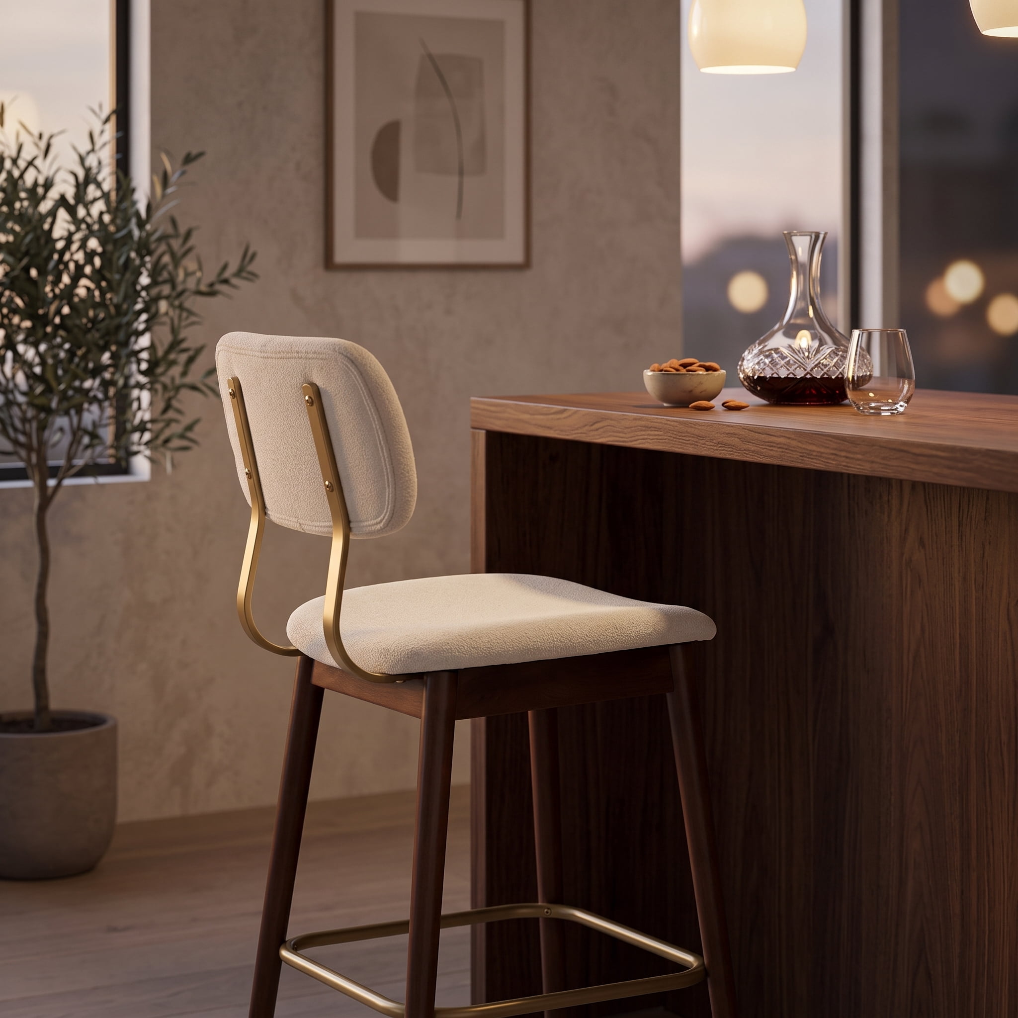 Garitin Bar Stool Set of 2 and Counter Height Chairs, Wooden Fabric Upholstered Seating with Curved Backrest for Kitchen Bar, Beige