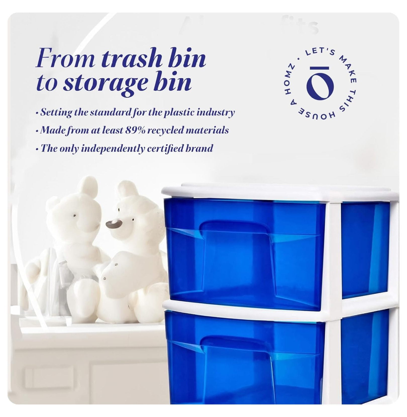 3-Drawer Storage Cart, Plastic Home & Office Organizer, Blue w/ White Frame White Frame/Blue Drawers