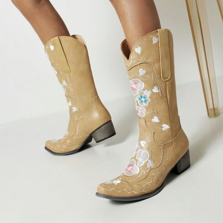 

ERTUTUYI High Embroidery Flowers SlipOn Booties Retro Round Shoes Heels Middle Women Toe Women s Boots Beige 42