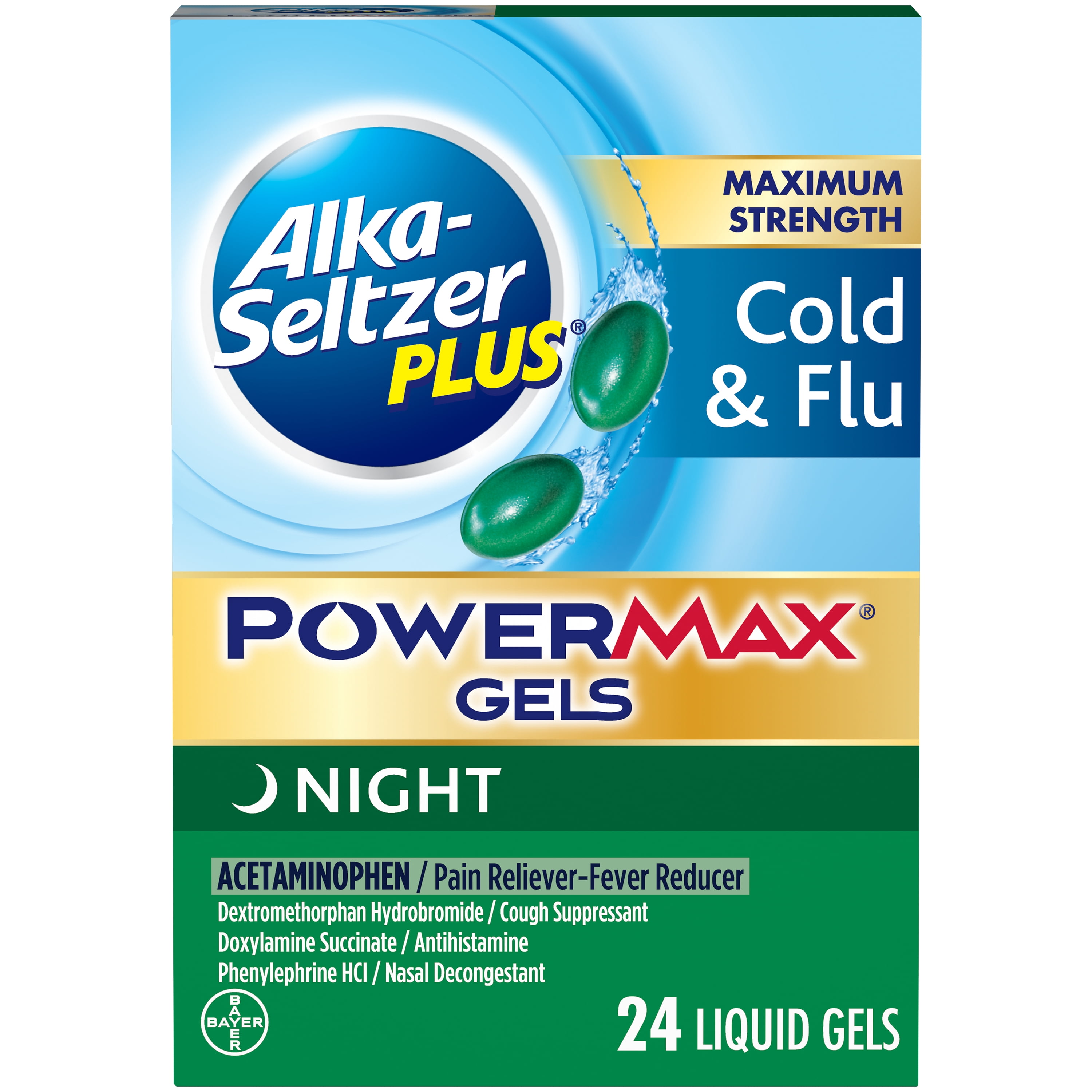Alka-Seltzer Plus Maximum Strength Powermax Cold & Flu Night Liquid Gels, 24 Ct