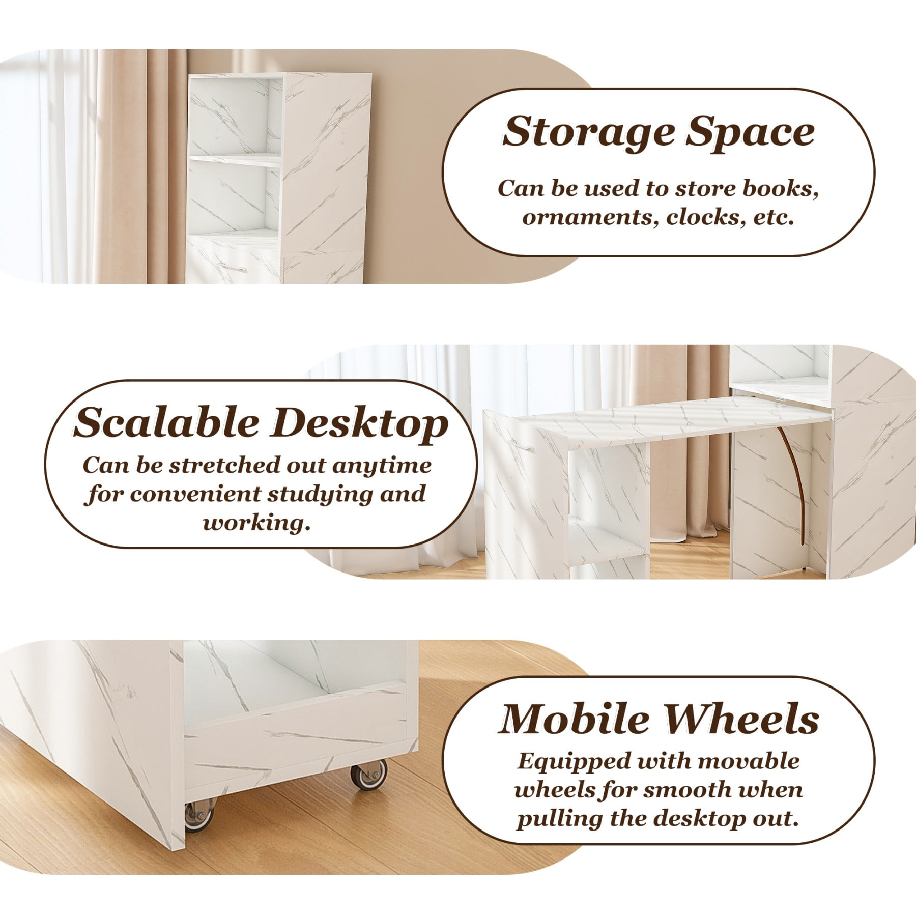 Office Desk,Computer Desk,Stretchable Desk,Foldable Desk with Storage Shelves & Wheels for Small Apartments,Offices,White Marble