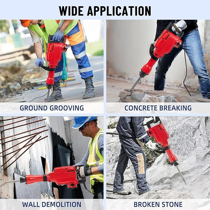 2200W Electric Jack Hammer Demolition Tool Kit, 4-piece set, Jack Hammer Concrete Breaker, Jack Hammer, Demolition Hammer, Includes 2 Bits, Heavy-Duty Concrete Breaker, 65A