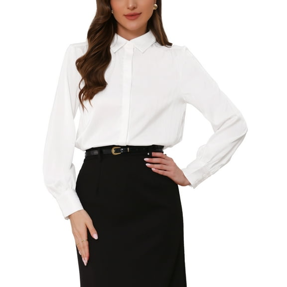 INSPIRE CHIC Casual Work Shirt for Women's Button Cuffed Collared Office Fall Trendy Shirts Blouses M White