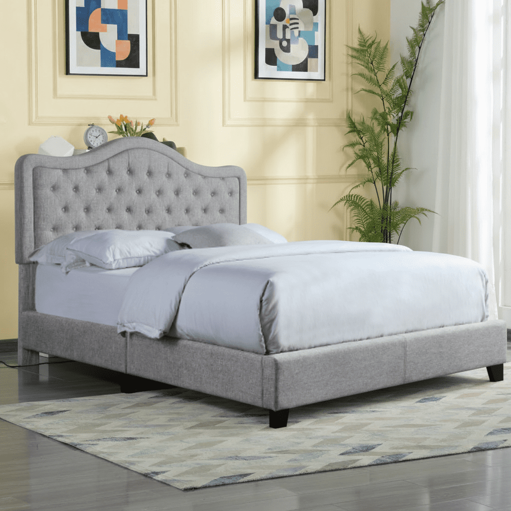 BSHTI Livingroom Modern King Size Platform Bed Frame with Upholstered Headboard and wood slats support for Livingroom, Box Spring Required