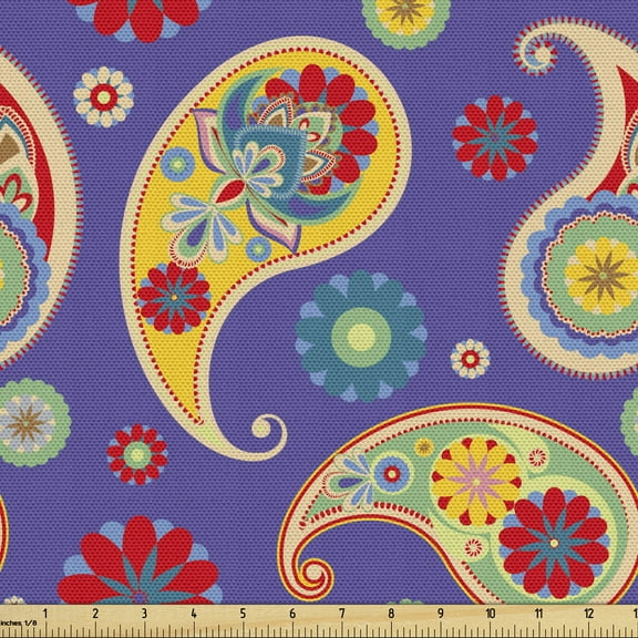 Ambesonne Paisley Fabric by the Yard Upholstery, Floral Buta Eastern Motif, 5 Yards, Blue Violet Multicolor