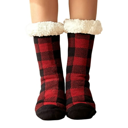 

Famure Winter Slipper Socks Christmas Soft Cozy Plaid Plush Stockings For Women Christmas Fuzzy Slipper Stockings Stuffer With Non-Skid Rubber Suitable For Cabin Socks Bed Socks Thermal Socks