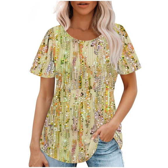 QQAMB Women's Tops Summer Crewneck Sequin Printed Shirts Casual Short Sleeve Blouses for Women Yellow 2XL