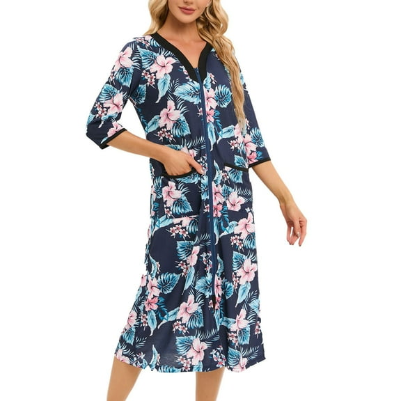 Defitshape Women's Short Sleeve Robe Boho Hippie Summer Full Zipper House Coat Knee Length V Neck Bathrobe Comfy Soft Stretchy Midi Zip Up Duster Robe w/ Pockets Navy 4-6