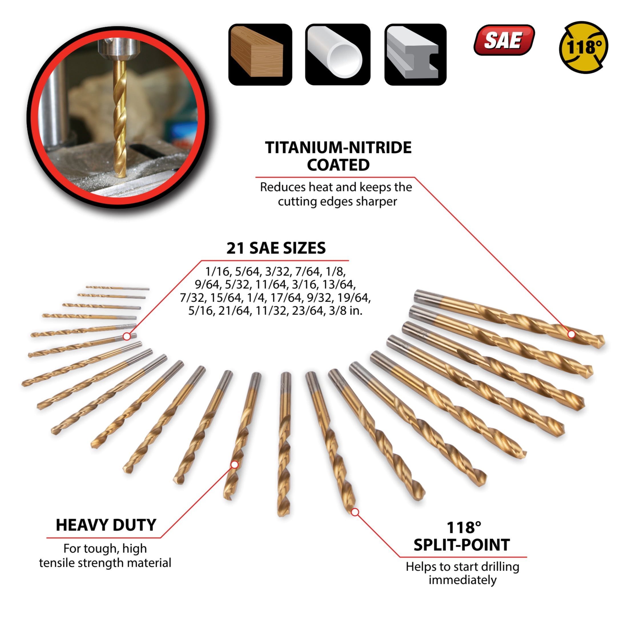 Performance Tool W7779 22-Piece Titanium-Coated HSS Drill Bit Set - 118-Degree Bit Set, 1/16 to 3/8 Inch, Wood, Plastic, Soft Metals