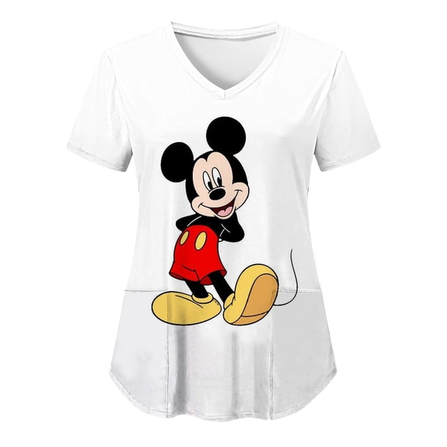 Disney Tops Pocket T-shirt Hospital T-shirts V Neck Minnie Mouse Top Women 2023 Mickey Nurse Uniform Woman Clothes Tees Women'sXL Gao Jinjia LED