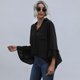 thumbnail image 3 of Blusa de mujer con volantes, manga de campana, cuello en V, camisa frontal abotonada, blusas sueltas Abanopi Negro/Extragrande, 3 of 7