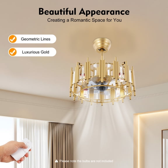 Gold Ceiling Fan with Light and Remote 20-inch Crystal Chandelier Fan with 5 Blades 3-Speed 35W Motor for Living Room, Bedroom