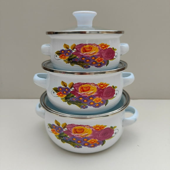 3 pcs Small Pots Kitchen Enamel Pot Stackable Pan Cooking Pots Stock Pot with Lids