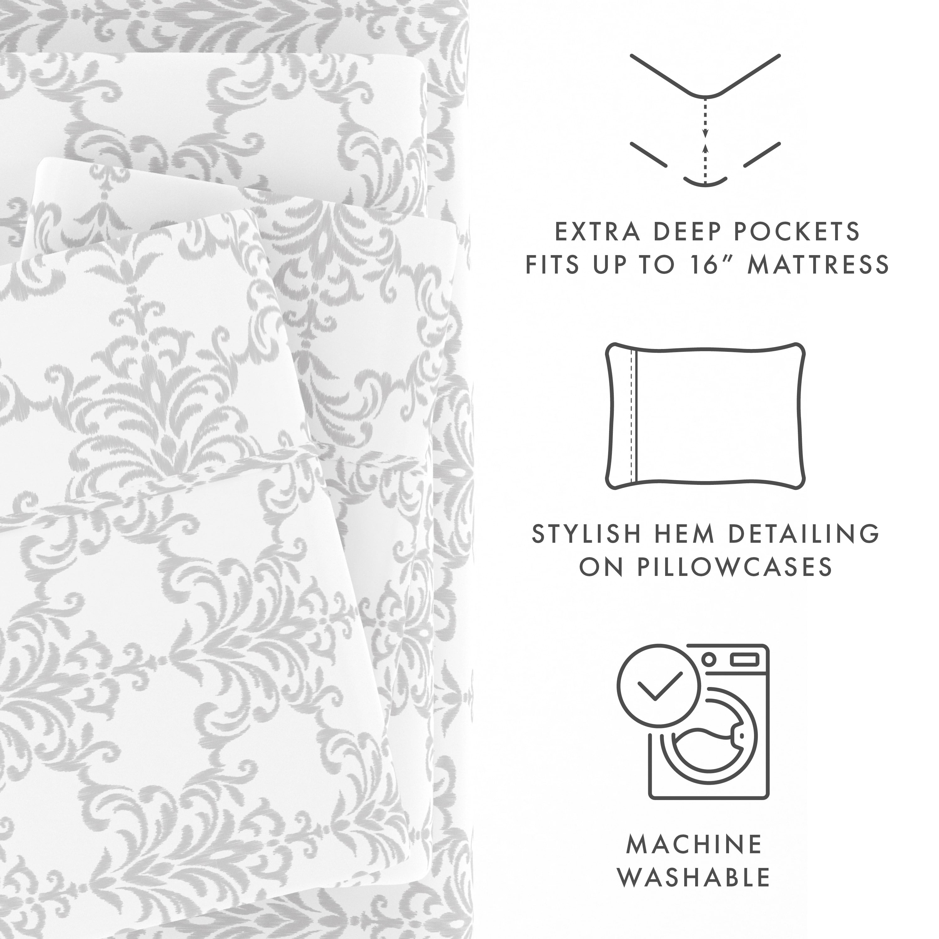 Noble Linens 4 Piece Pattern Microfiber Bed Sheets Set, Light Gray Soft Bouquet, California King